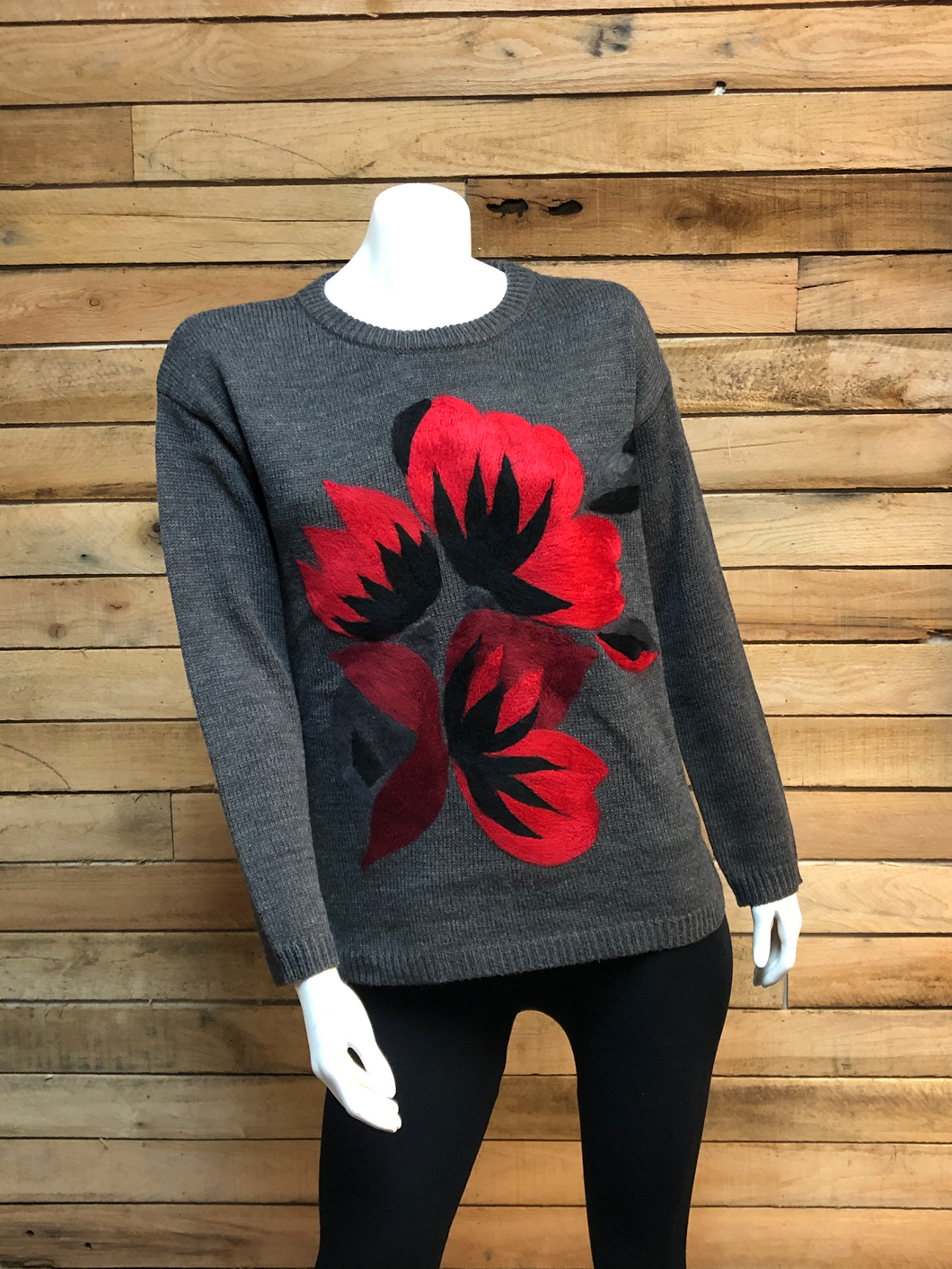 Charcoal Knit Sweater with Red Floral Stitch Detail