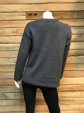 Load image into Gallery viewer, Charcoal Knit Sweater with Red Floral Stitch Detail
