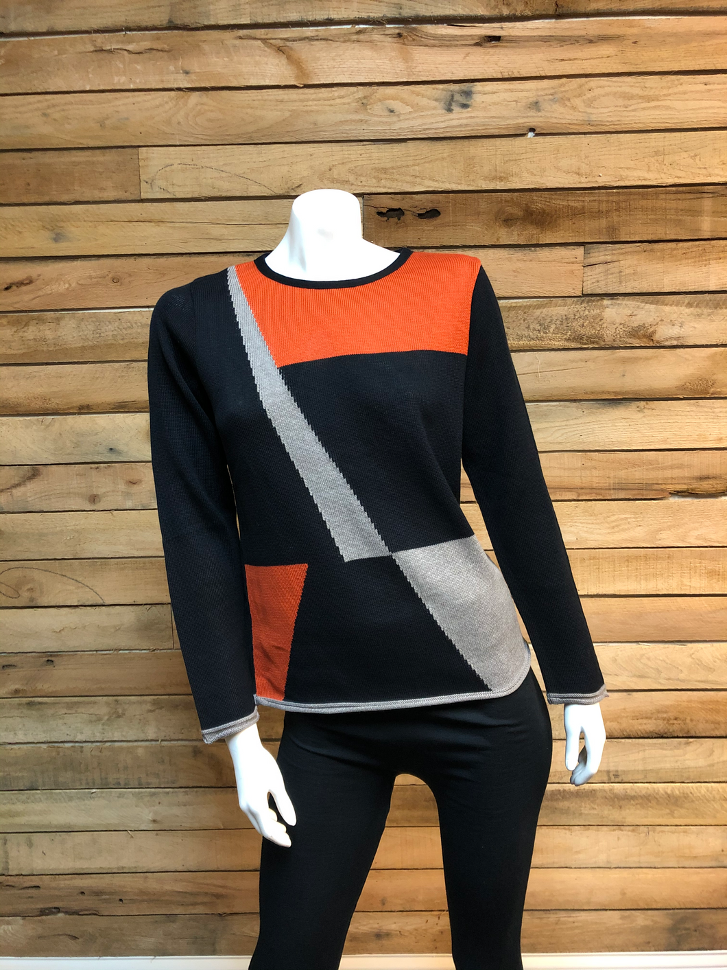 Geometric Knit Sweater in Black, Sunset Rust, and Gray
