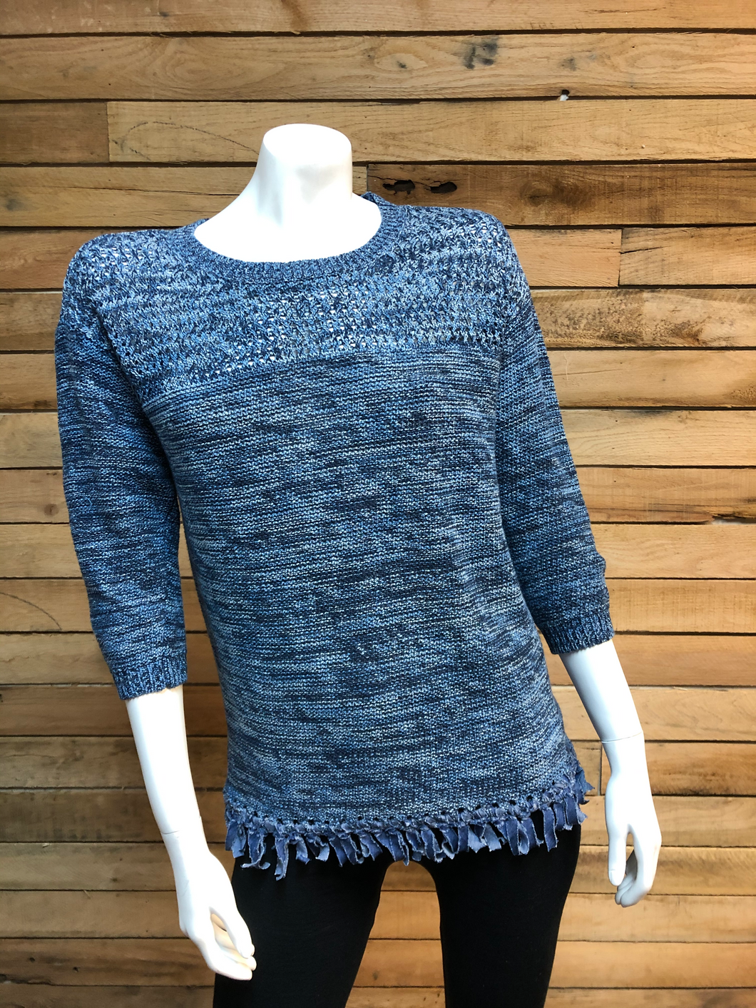 Denim Blue Fringe Bottom 3/4 Sleeves Knit Sweater